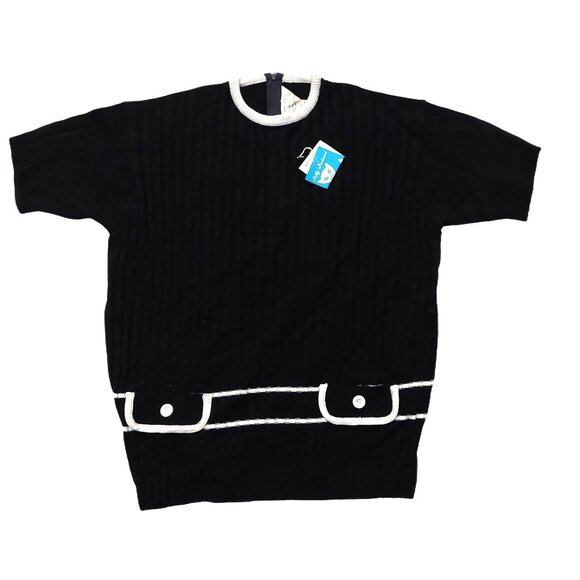 Vintage 1940s-1950s Black & White Ribbed Crewneck Short Sleeve Knit Sweater Top - Picture 1 of 7